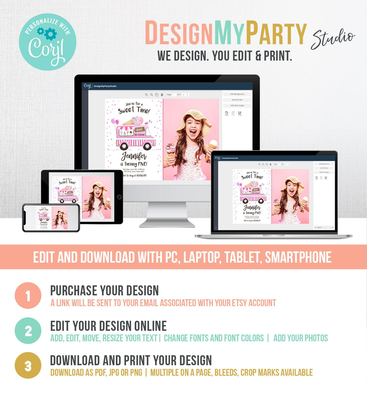 Editable Ice Cream Truck Birthday Invitation Ice Cream Birthday Party Cone Girl Pink Truck Sweet Summer Twin Corjl Template Printable 0243