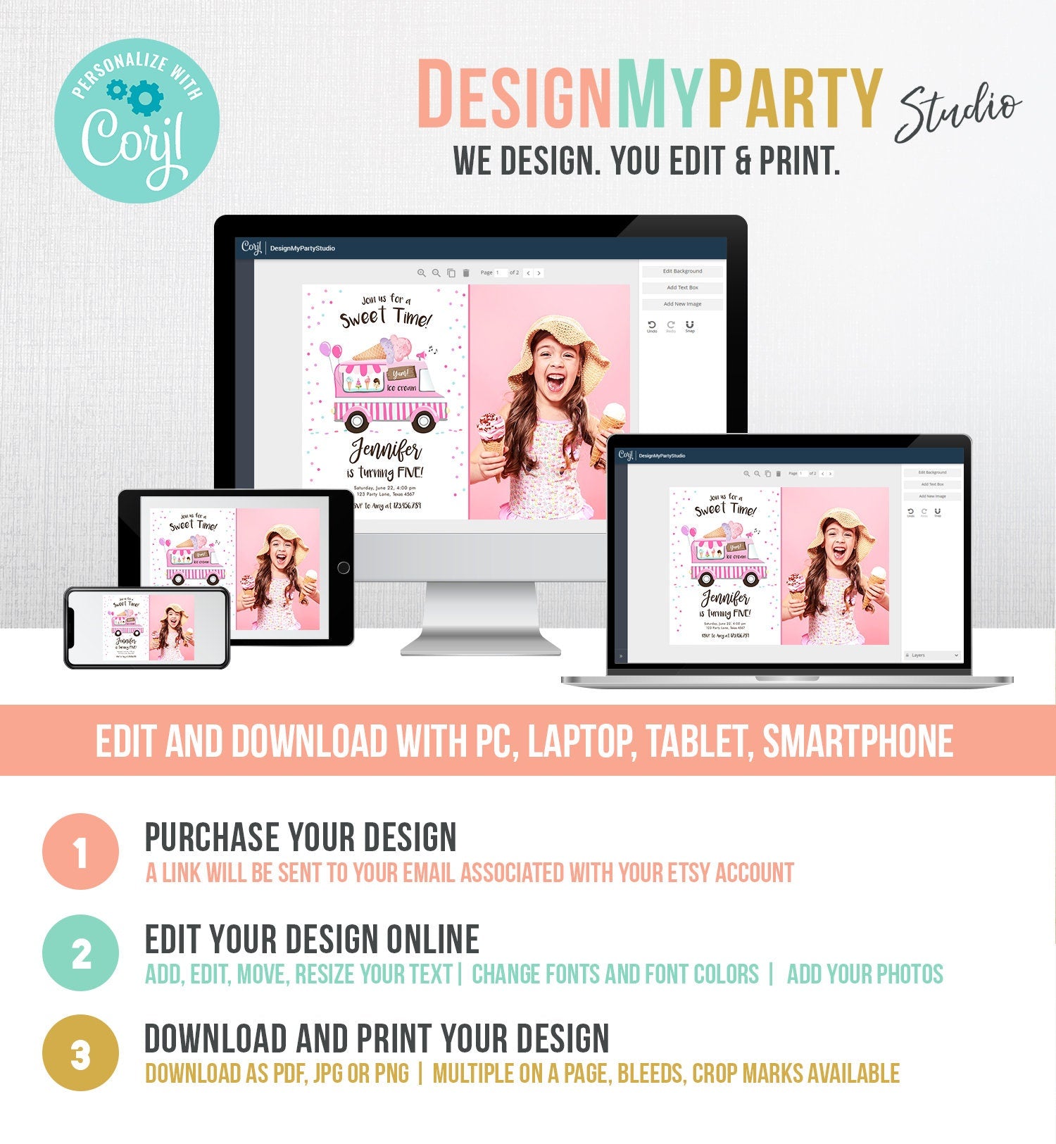 Editable Ice Cream Truck Birthday Invitation Ice Cream Birthday Party Cone Girl Pink Truck Sweet Summer Twin Corjl Template Printable 0243