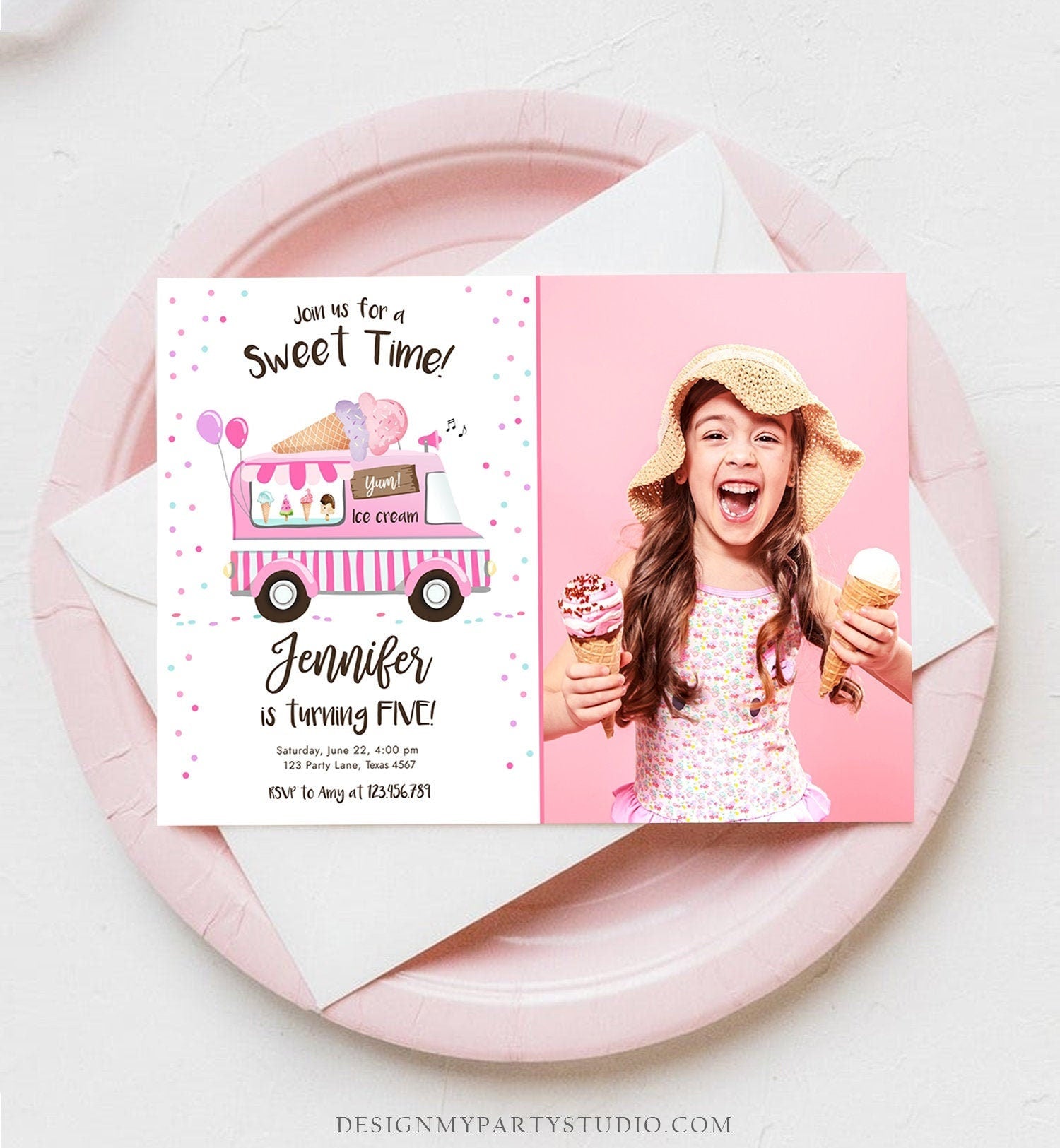 Editable Ice Cream Truck Birthday Invitation Ice Cream Birthday Party Cone Girl Pink Truck Sweet Summer Twin Corjl Template Printable 0243