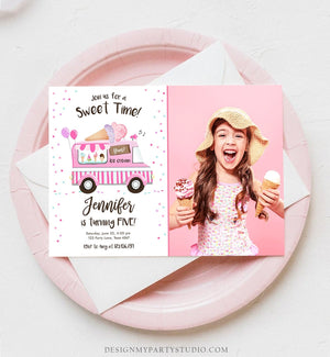 Editable Ice Cream Truck Birthday Invitation Ice Cream Birthday Party Cone Girl Pink Truck Sweet Summer Twin Corjl Template Printable 0243