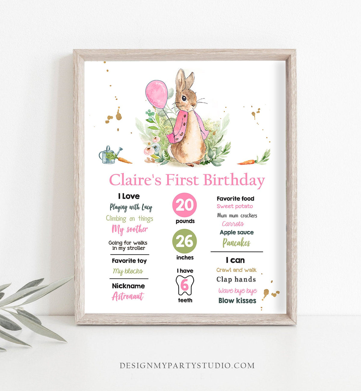 Editable Flopsy Bunny Milestones Sign Rustic Girl Pink Peter Rabbit 1st Birthday Watercolor Milestone Poster Template Printable Corjl 0351