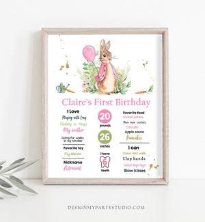 Editable Flopsy Bunny Milestones Sign Rustic Girl Pink Peter Rabbit 1st Birthday Watercolor Milestone Poster Template Printable Corjl 0351