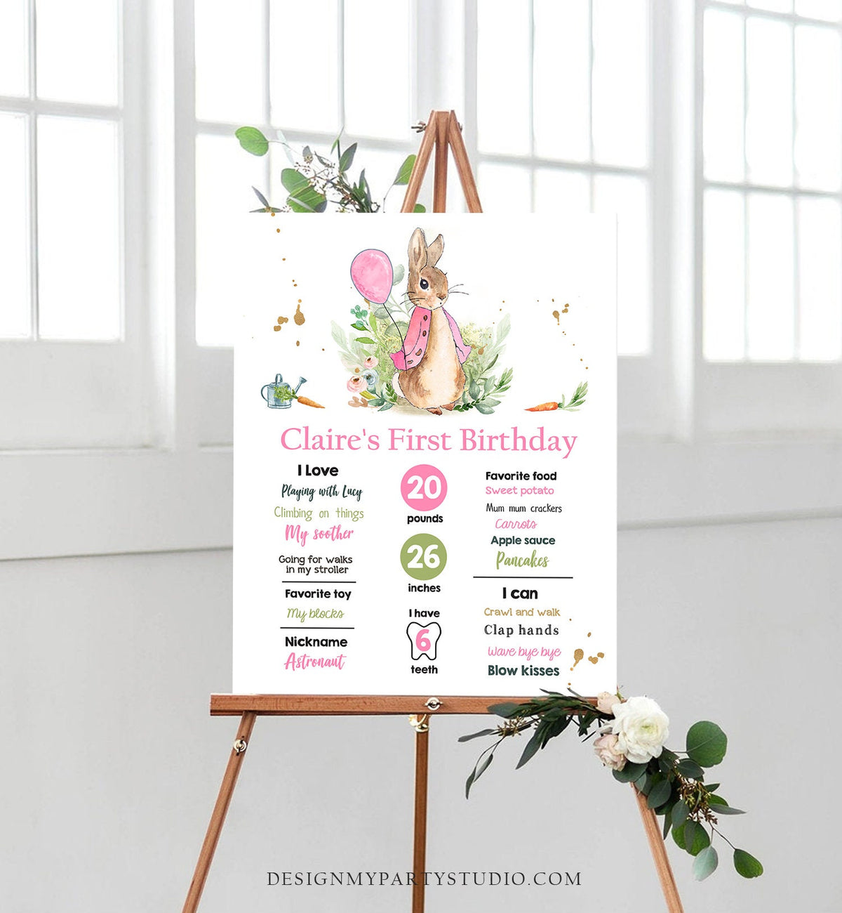 Editable Flopsy Bunny Milestones Sign Rustic Girl Pink Peter Rabbit 1st Birthday Watercolor Milestone Poster Template Printable Corjl 0351