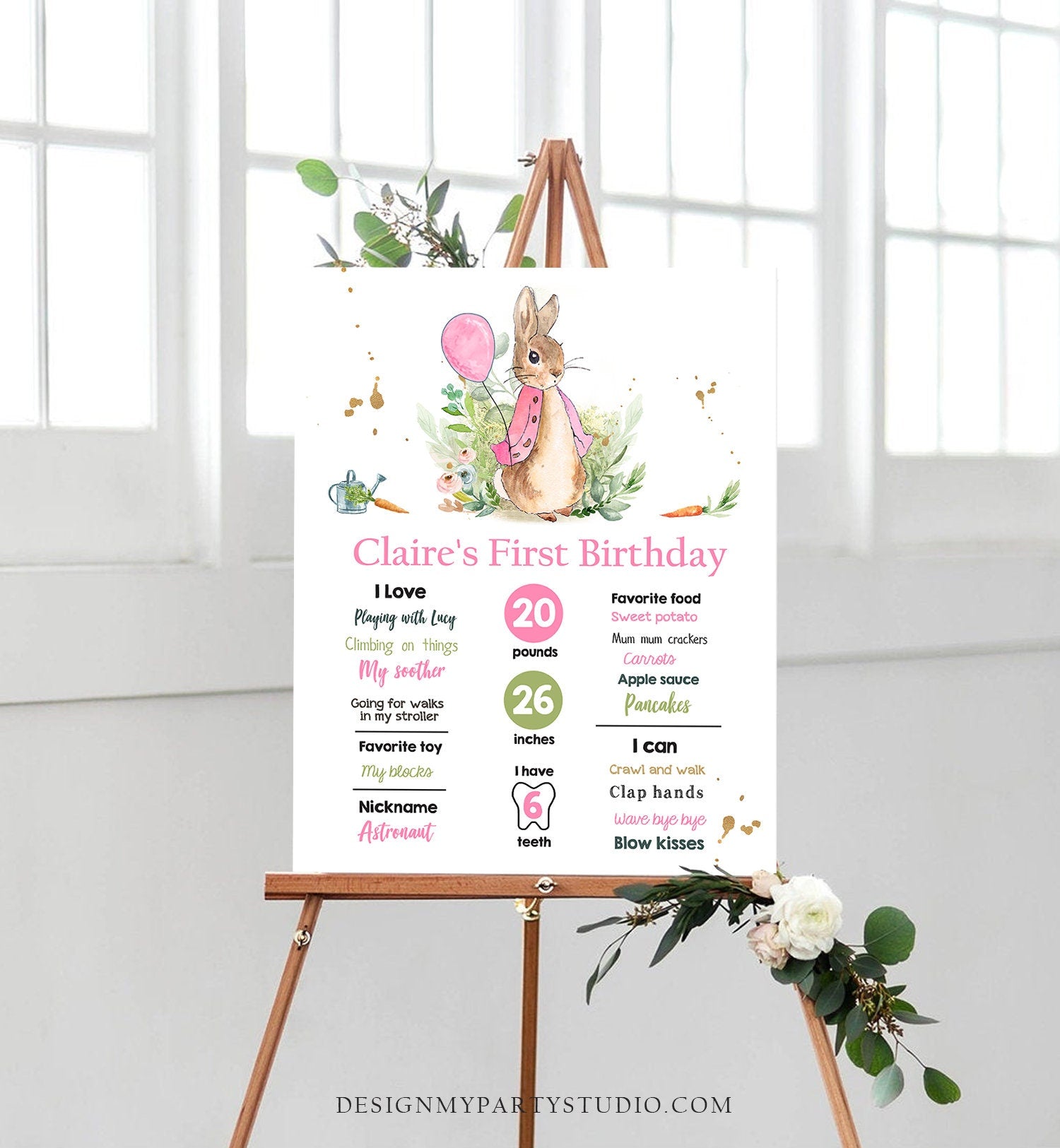 Editable Flopsy Bunny Milestones Sign Rustic Girl Pink Peter Rabbit 1st Birthday Watercolor Milestone Poster Template Printable Corjl 0351