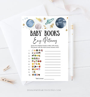 Editable Emoji Pictionary Baby Shower Game Outer Space Planets Houston We Have Boy Rocket Neutral Activity Corjl Template Printable 0357
