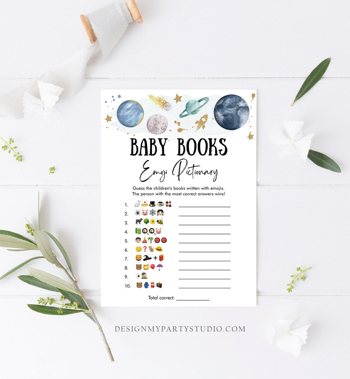 Editable Emoji Pictionary Baby Shower Game Outer Space Planets Houston We Have Boy Rocket Neutral Activity Corjl Template Printable 0357