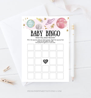 Editable Baby Bingo Baby Shower Game Outer Space Planets Houston We Have a Girl Rocket Gold Neutral Activity Corjl Template Printable 0357