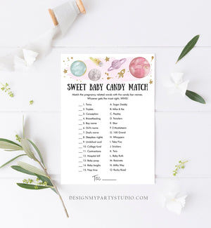 Editable Candy Match Baby Shower Game Outer Space Planets Houston We Have a Girl Rocket Gold Neutral Activity Corjl Template Printable 0357