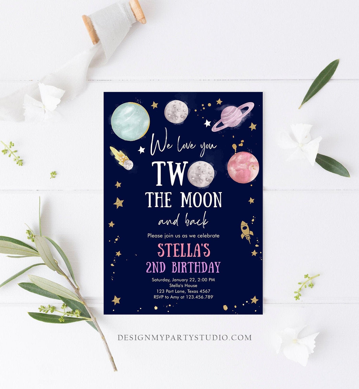 Editable Two the Moon Second Birthday Invitation Space Astronaut Love You to the Moon Galaxy 2nd Girl Printable Template Digital Corjl 0357