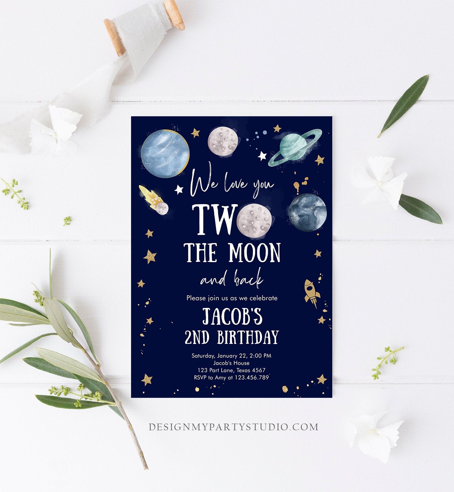 Editable Two the Moon Second Birthday Invitation Space Astronaut Love You to the Moon Galaxy 2nd Boy Printable Template Digital Corjl 0357