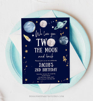 Editable Two the Moon Second Birthday Invitation Space Astronaut Love You to the Moon Galaxy 2nd Boy Printable Template Digital Corjl 0357