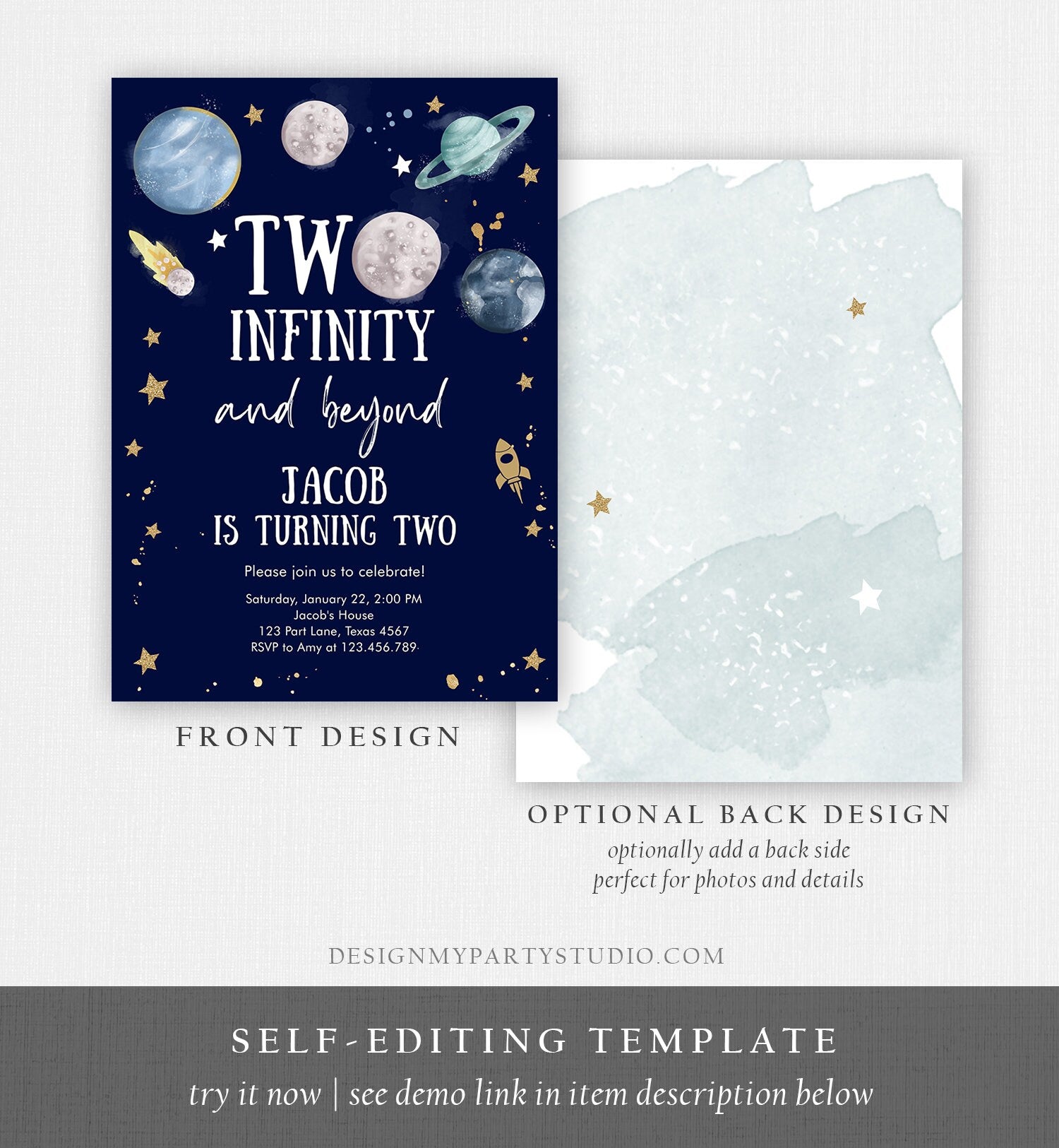 Editable Outer Space Birthday Invitation Two Infinity and Beyond Birthday Astronaut Planets Download Printable Template Digital Corjl 0357