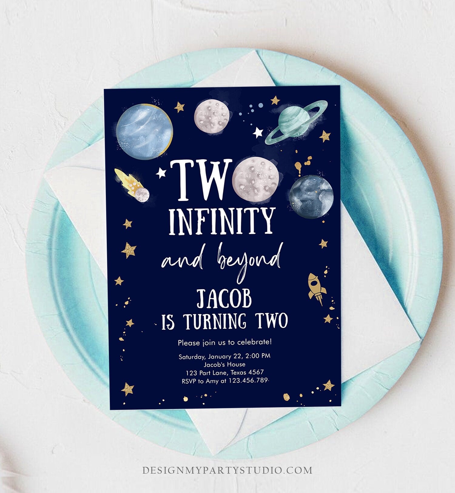 Editable Outer Space Birthday Invitation Two Infinity and Beyond Birthday Astronaut Planets Download Printable Template Digital Corjl 0357