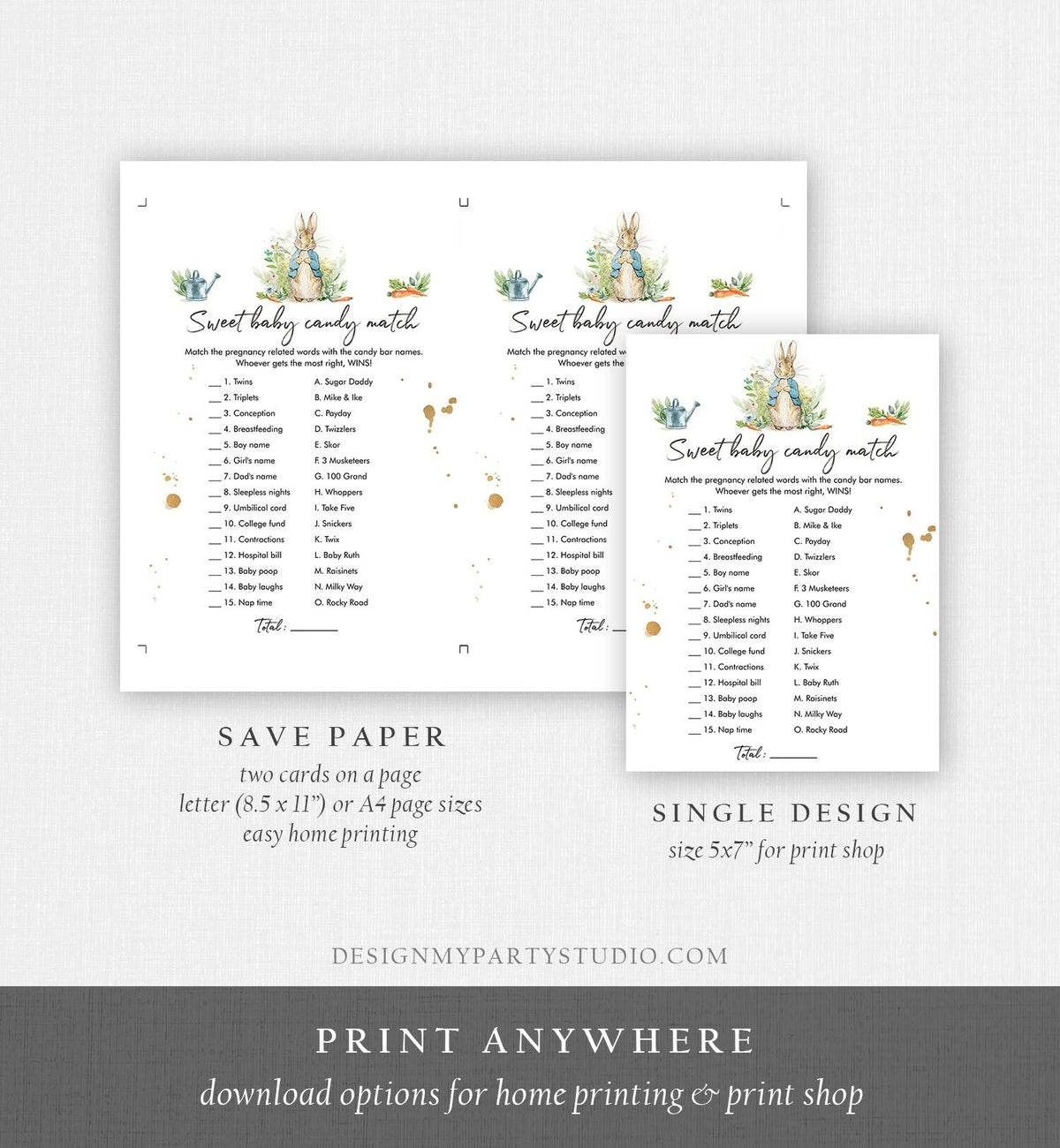 Editable Peter Rabbit Baby Shower Game Candy Match Baby Shower Game Sweet Baby Candy Bunny Shower Boy Rabbit Corjl Template Printable 0351