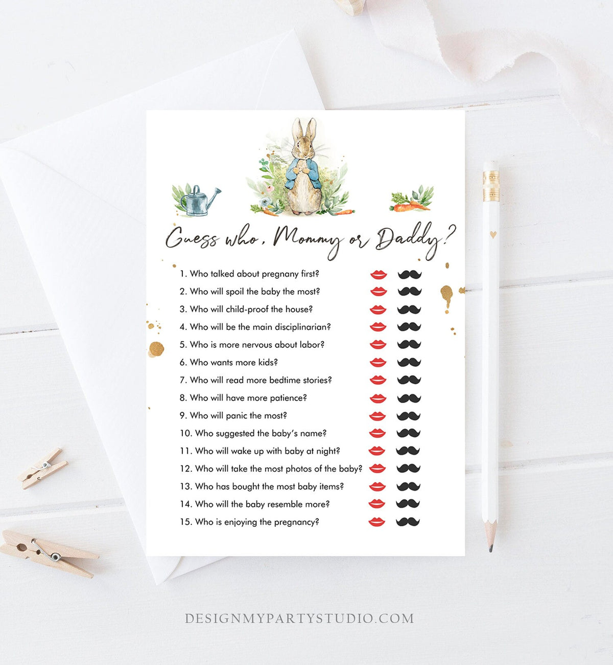 Editable Mommy or Daddy Baby Shower Game Guess Who Mom Dad Greenery Peter Rabbit Baby Shower Bunny Boy Rustic Corjl Template Printable 0351