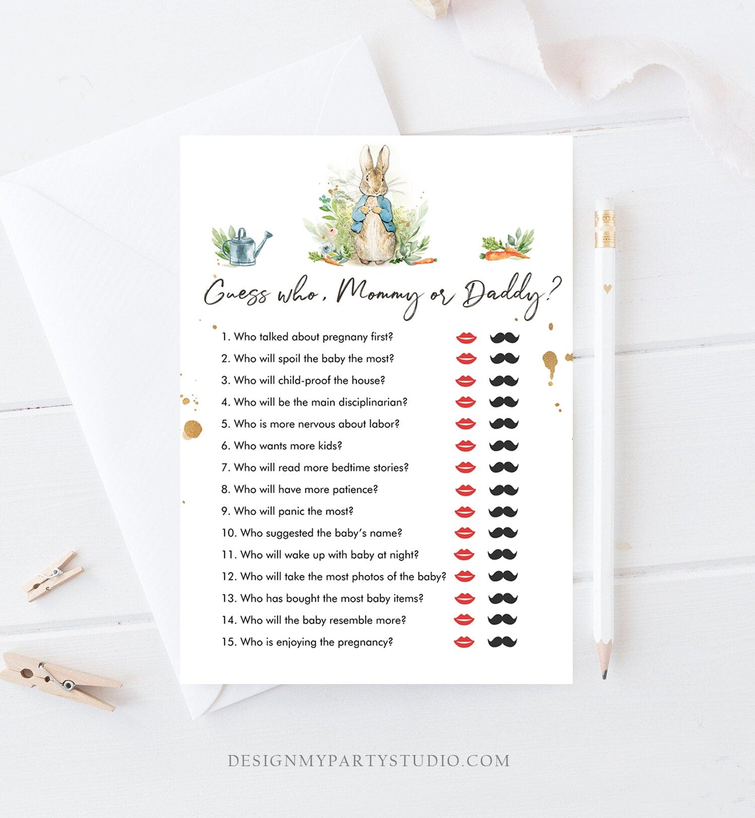 Editable Mommy or Daddy Baby Shower Game Guess Who Mom Dad Greenery Peter Rabbit Baby Shower Bunny Boy Rustic Corjl Template Printable 0351