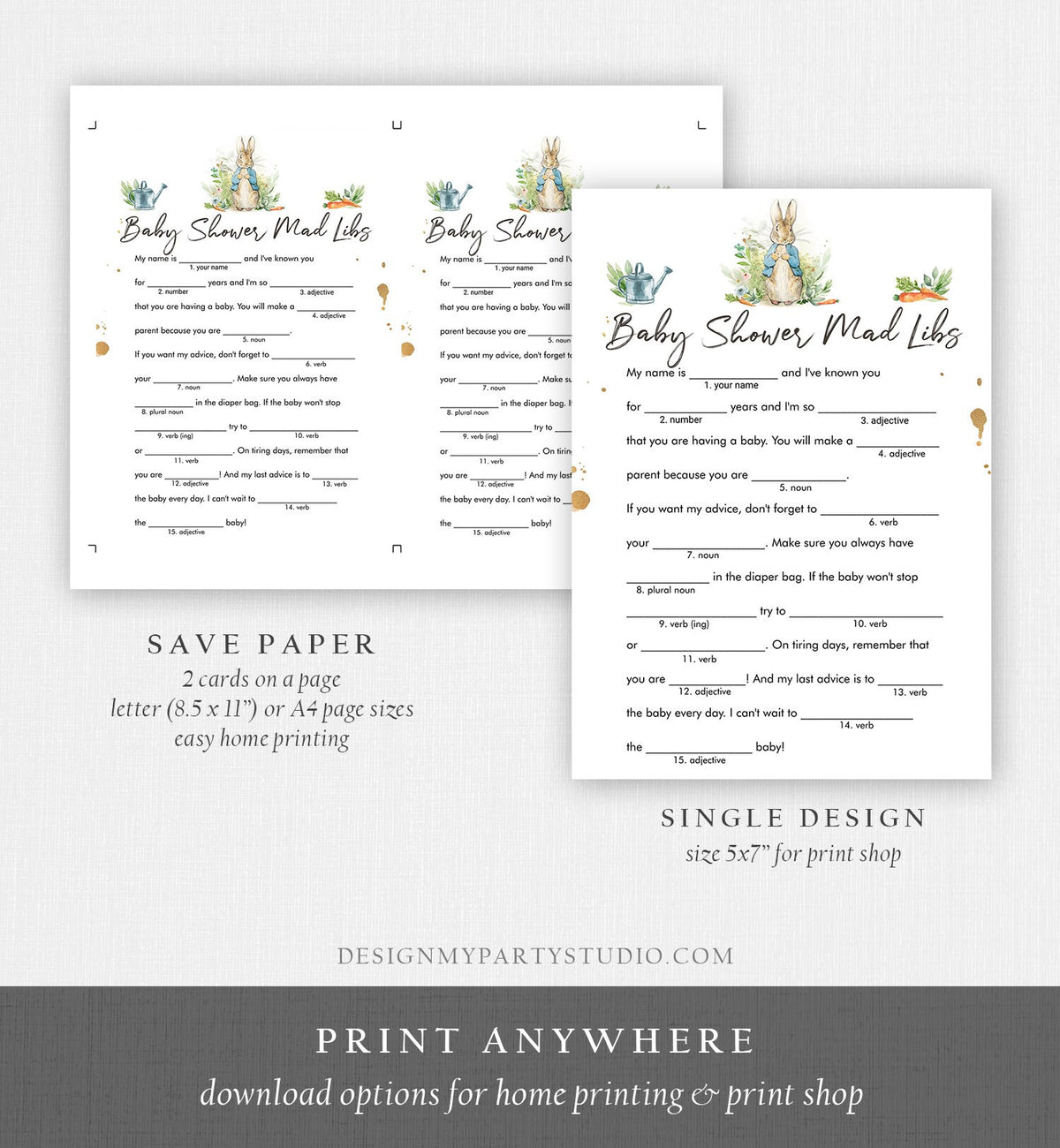 Editable Mad Libs Baby Shower Game Greenery Advice Mom to Be Peter Rabbit Baby Shower Bunny Spring Boy Rustic Corjl Template Printable 0351