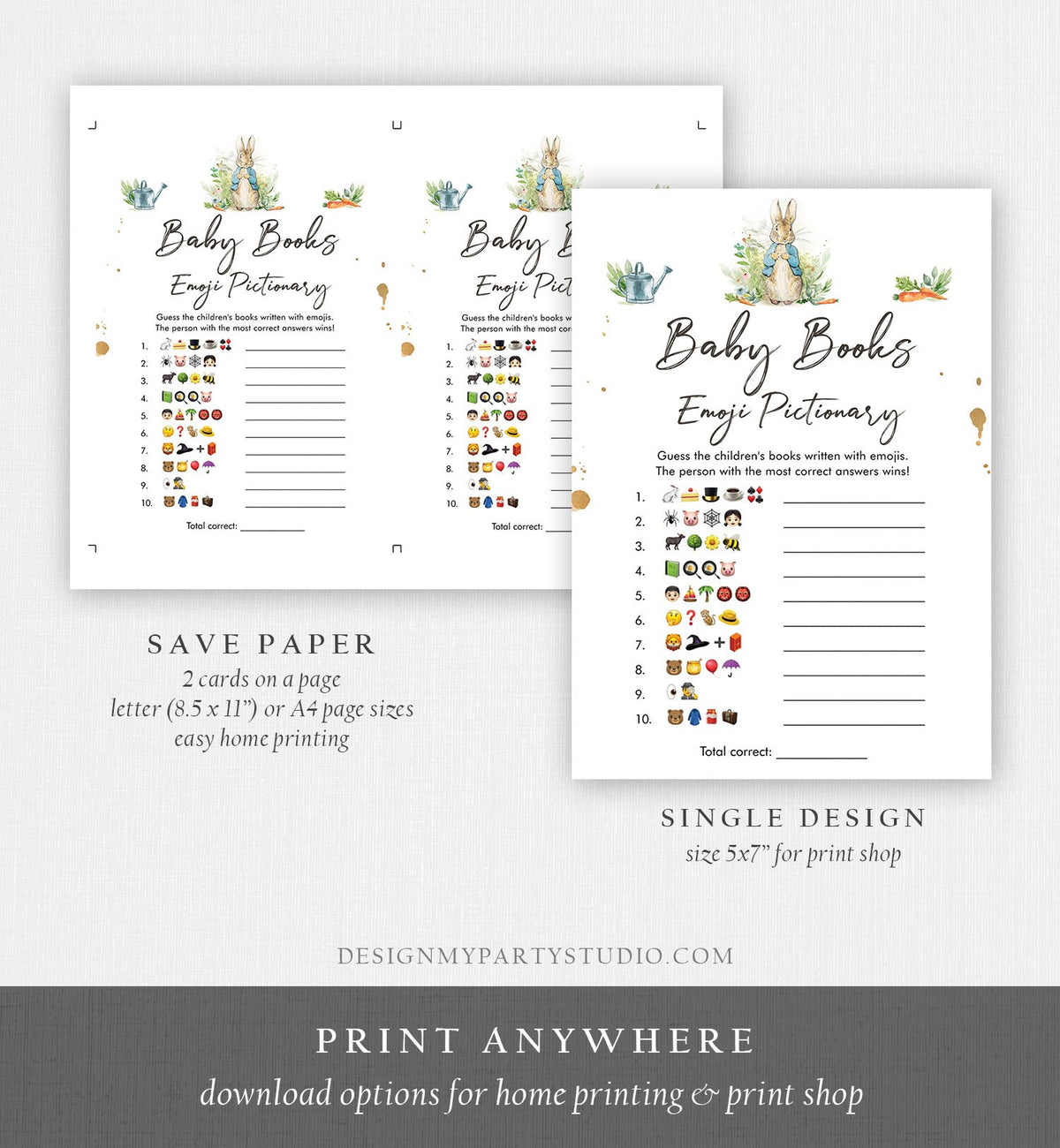 Editable Emoji Pictionary Baby Shower Game Baby Books Greenery Peter Rabbit Shower Bunny Baby Shower Boy Corjl Template Printable 0351