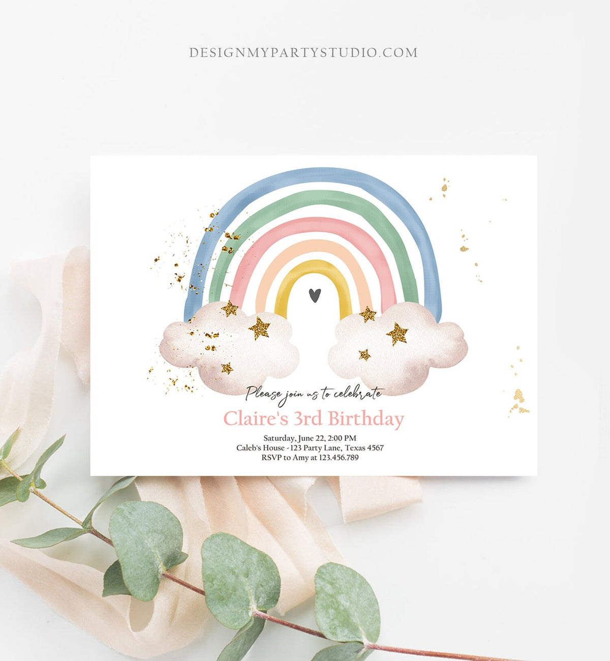 Editable Rainbow Birthday Invitation Boho Rainbow Invite Pastel 1st Birthday Girls Birthday Party Printable Download Corjl Template 0387