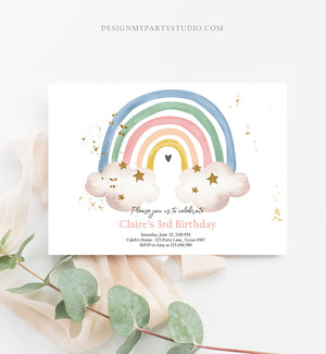Editable Rainbow Birthday Invitation Boho Rainbow Invite Pastel 1st Birthday Girls Birthday Party Printable Download Corjl Template 0387