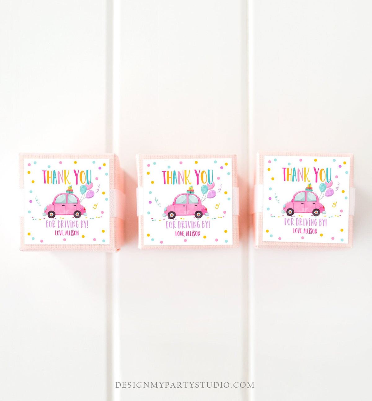 Editable Drive By Favor Tag Drive By Birthday Parade Thank You Gift Tags Quarantine Pink Car Girl Round Square Sticker Corjl Template 0333