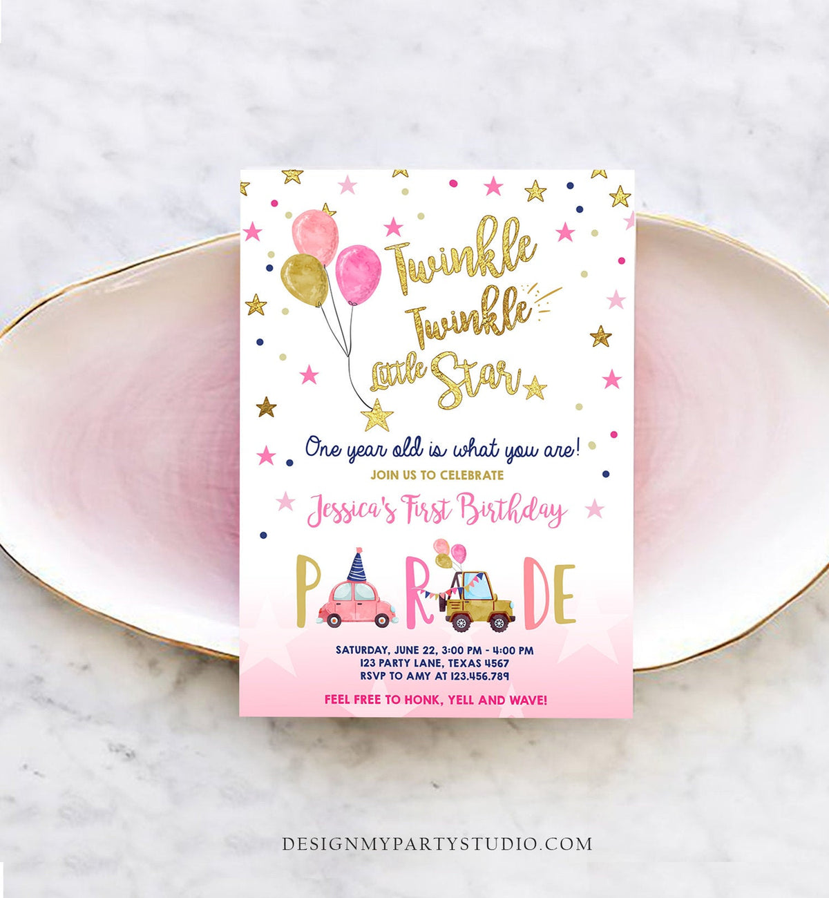 Editable Little Star Drive By Birthday Parade Invitation Virtual Party Invite Honk Wave Car Girl Pink Quarantine Download Digital Corjl 0235