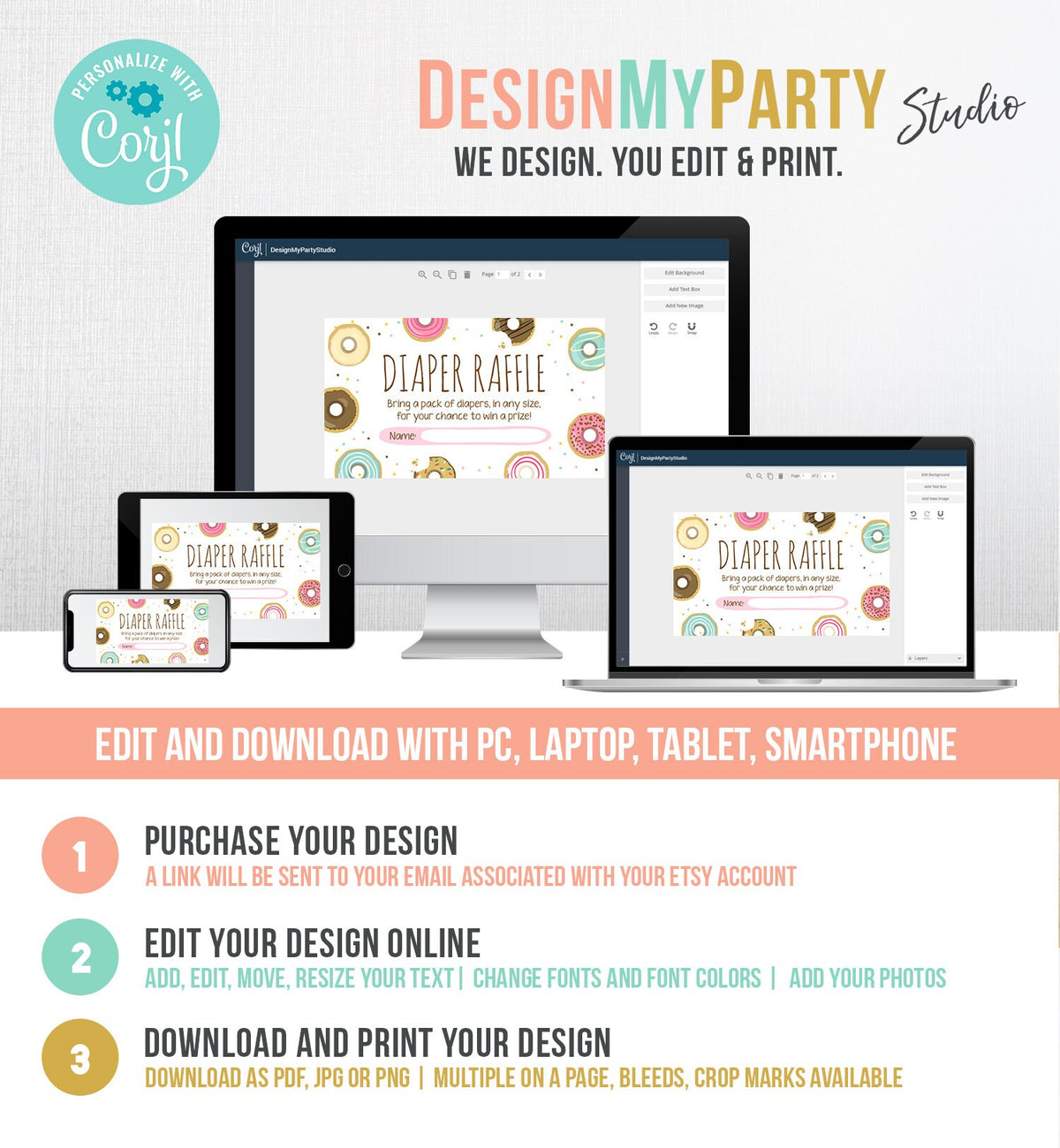 Editable Donut Diaper Raffle Ticket Baby Shower Pink Girl Sweet Doughnut Diaper Game Sprinkled With Love Corjl Template Printable 0050