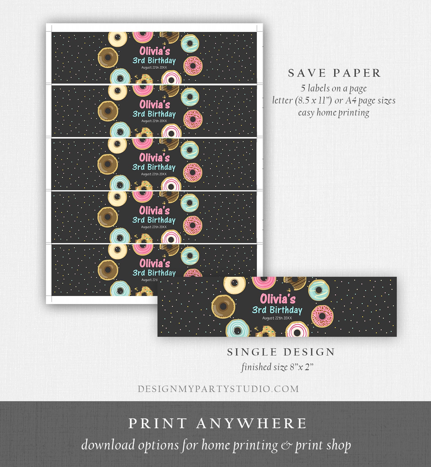 Editable Donut Water Bottle Label Sweet Doughnut Birthday Baby Shower Sprinkle Girl Pink Sprinkled With Love Printable Template Corjl 0011