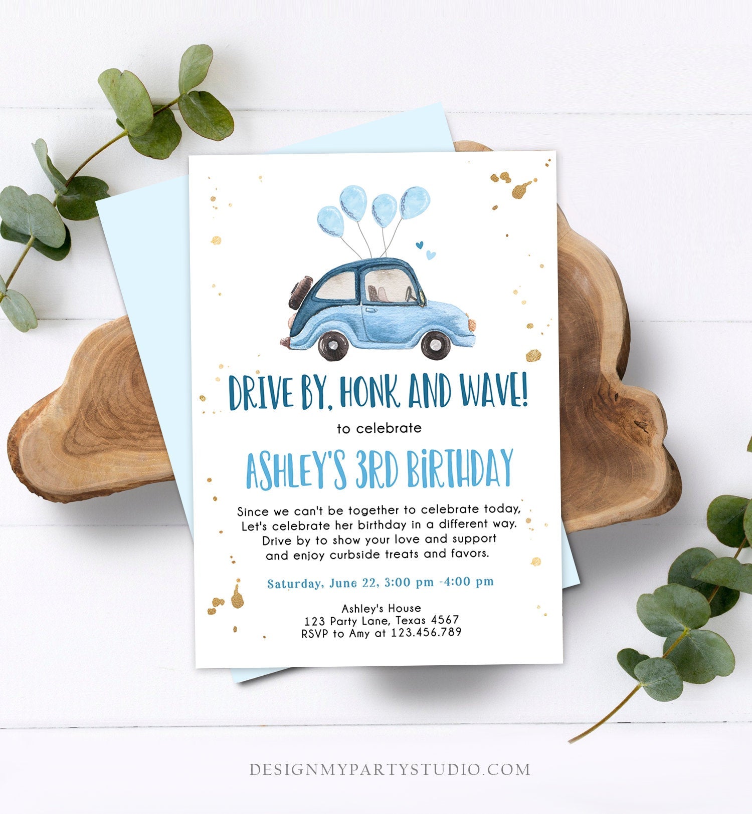 Editable Drive By Birthday Parade Invitation Virtual Party Invite Honk Wave Car Girl Blue Quarantine Through Download Digital Corjl 0335
