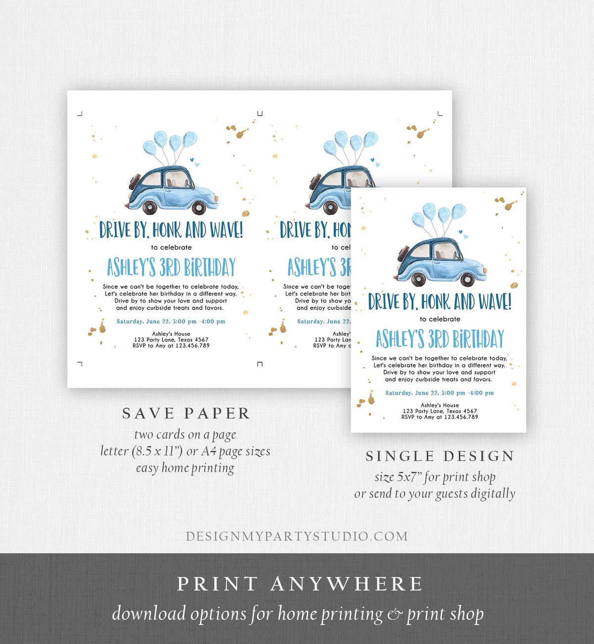 Editable Drive By Birthday Parade Invitation Virtual Party Invite Honk Wave Car Girl Blue Quarantine Through Download Digital Corjl 0335