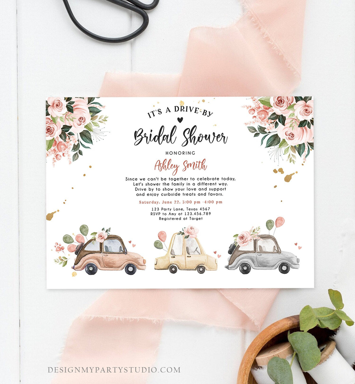Editable Drive By Bridal Shower Invitation Couples Shower Invite Quarantine Drive Through Neutral Floral Wedding Digital Corjl Template 0335