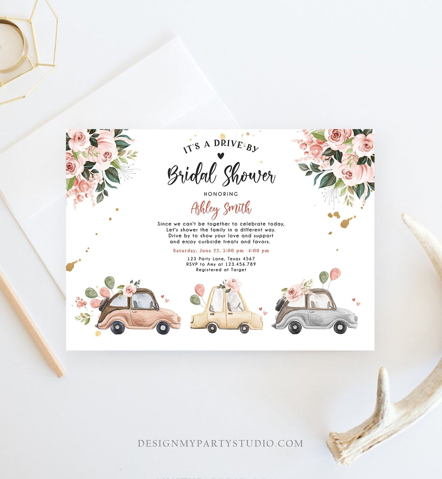 Editable Drive By Bridal Shower Invitation Couples Shower Invite Quarantine Drive Through Neutral Floral Wedding Digital Corjl Template 0335
