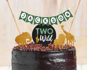 Two Wild Cake Topper Safari Animals Party Animals Second Birthday 2nd Name Banner Boy Green Gold Jungle Zoo Party Download Printable 0016