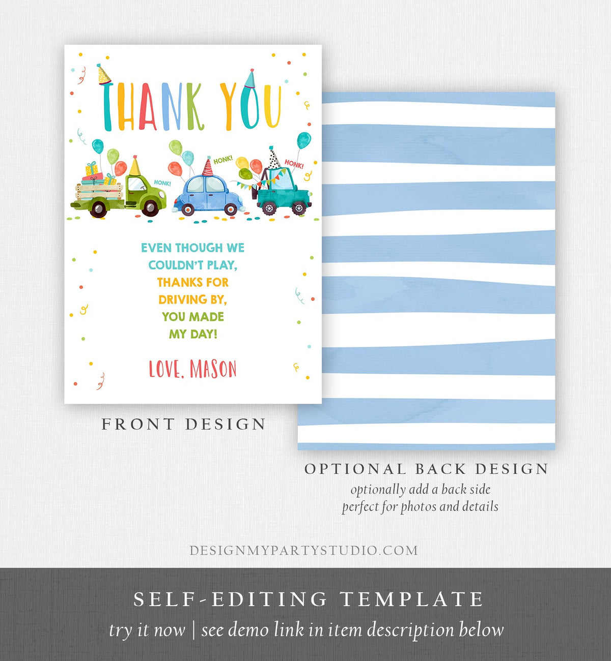 Editable Drive By Birthday Parade Thank You Card Virtual Party Invite Honk Wave Car Boy Blue Quarantine Instant Download Digital Corjl 0333