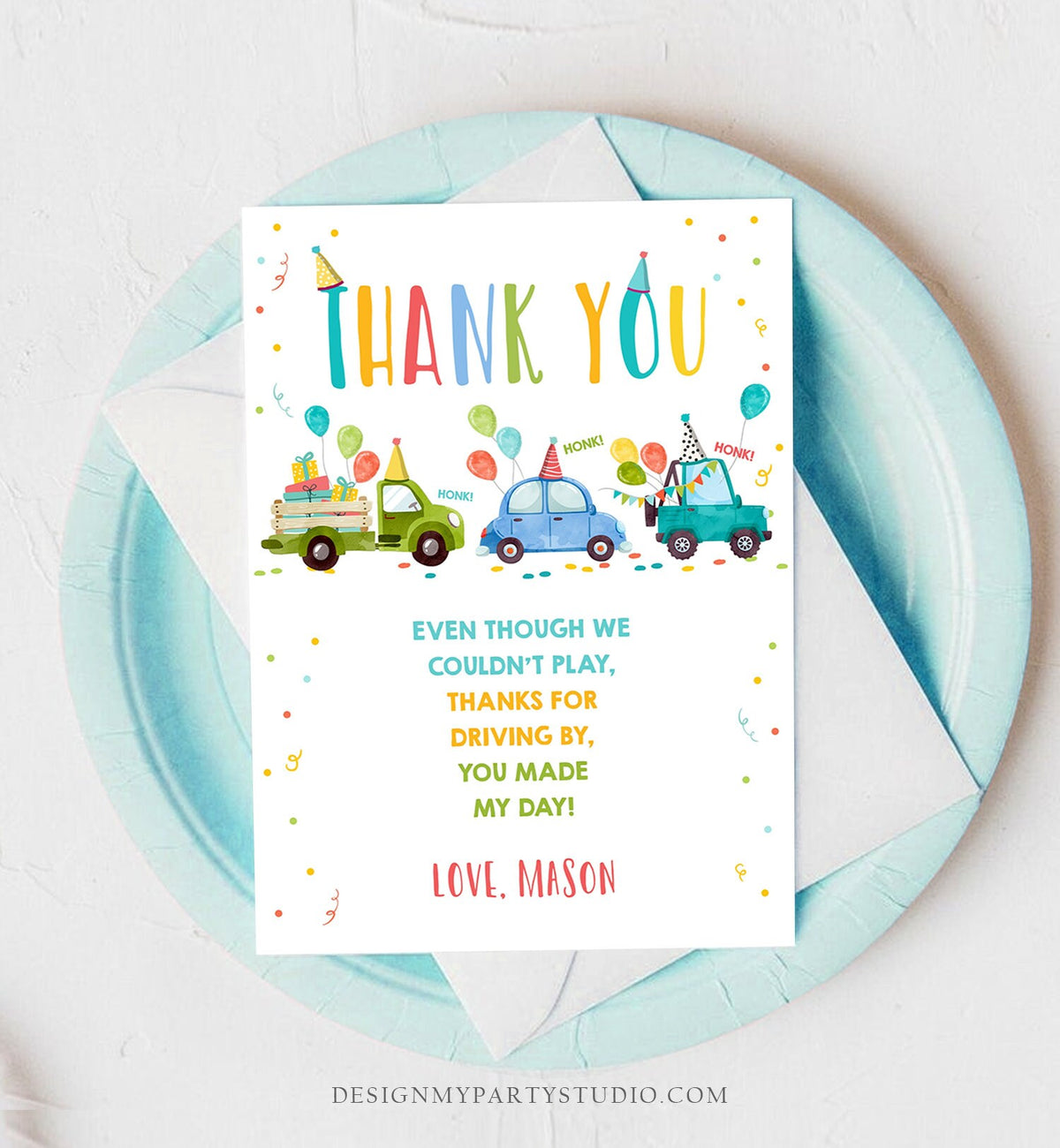 Editable Drive By Birthday Parade Thank You Card Virtual Party Invite Honk Wave Car Boy Blue Quarantine Instant Download Digital Corjl 0333