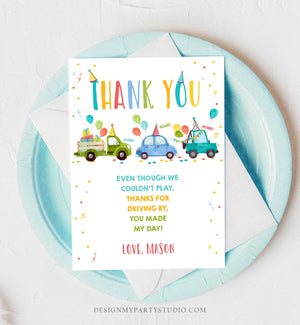 Editable Drive By Birthday Parade Thank You Card Virtual Party Invite Honk Wave Car Boy Blue Quarantine Instant Download Digital Corjl 0333