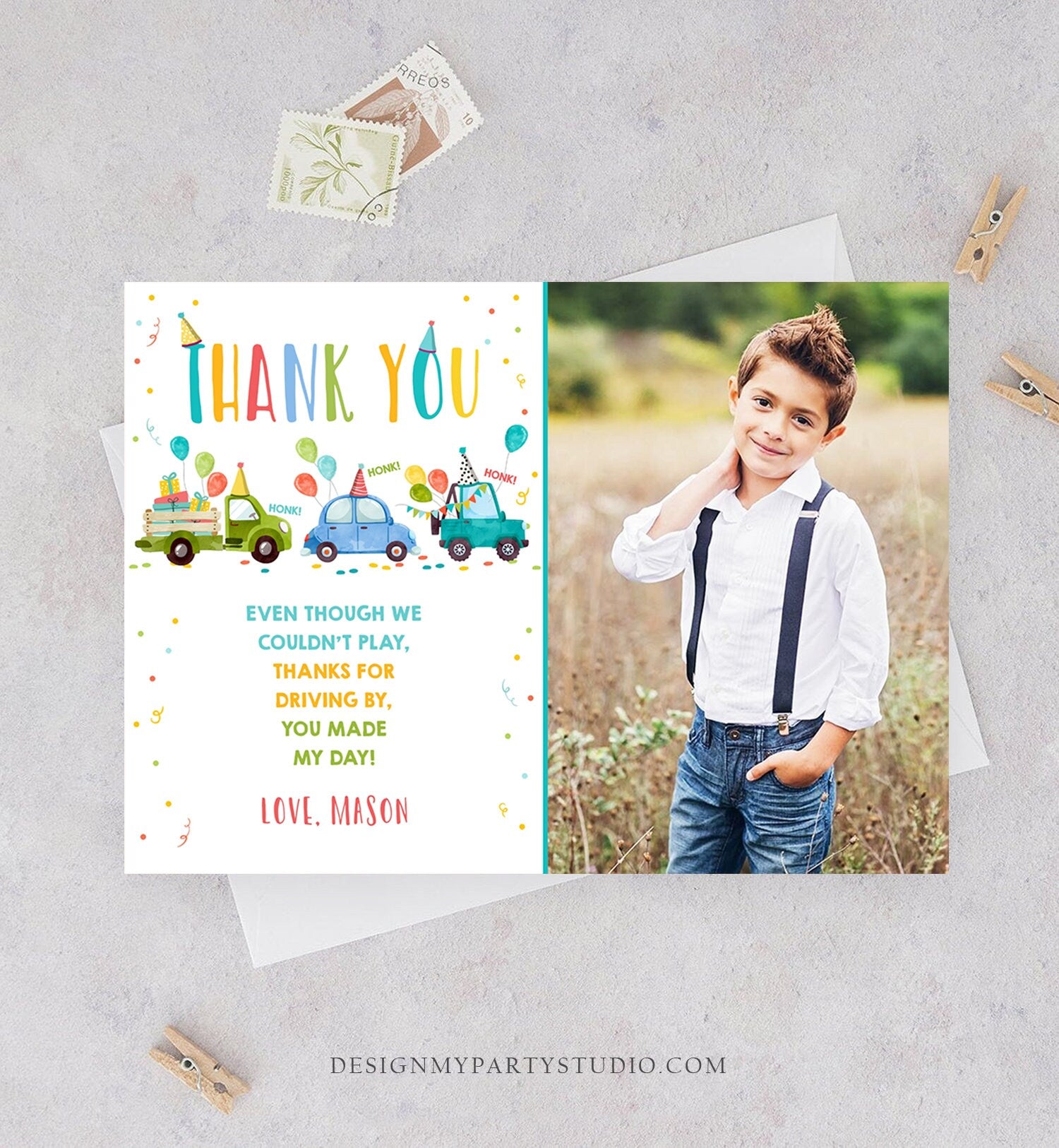 Editable Drive By Birthday Parade Thank You Card Virtual Party Invite Honk Wave Car Boy Blue Quarantine Instant Download Digital Corjl 0333