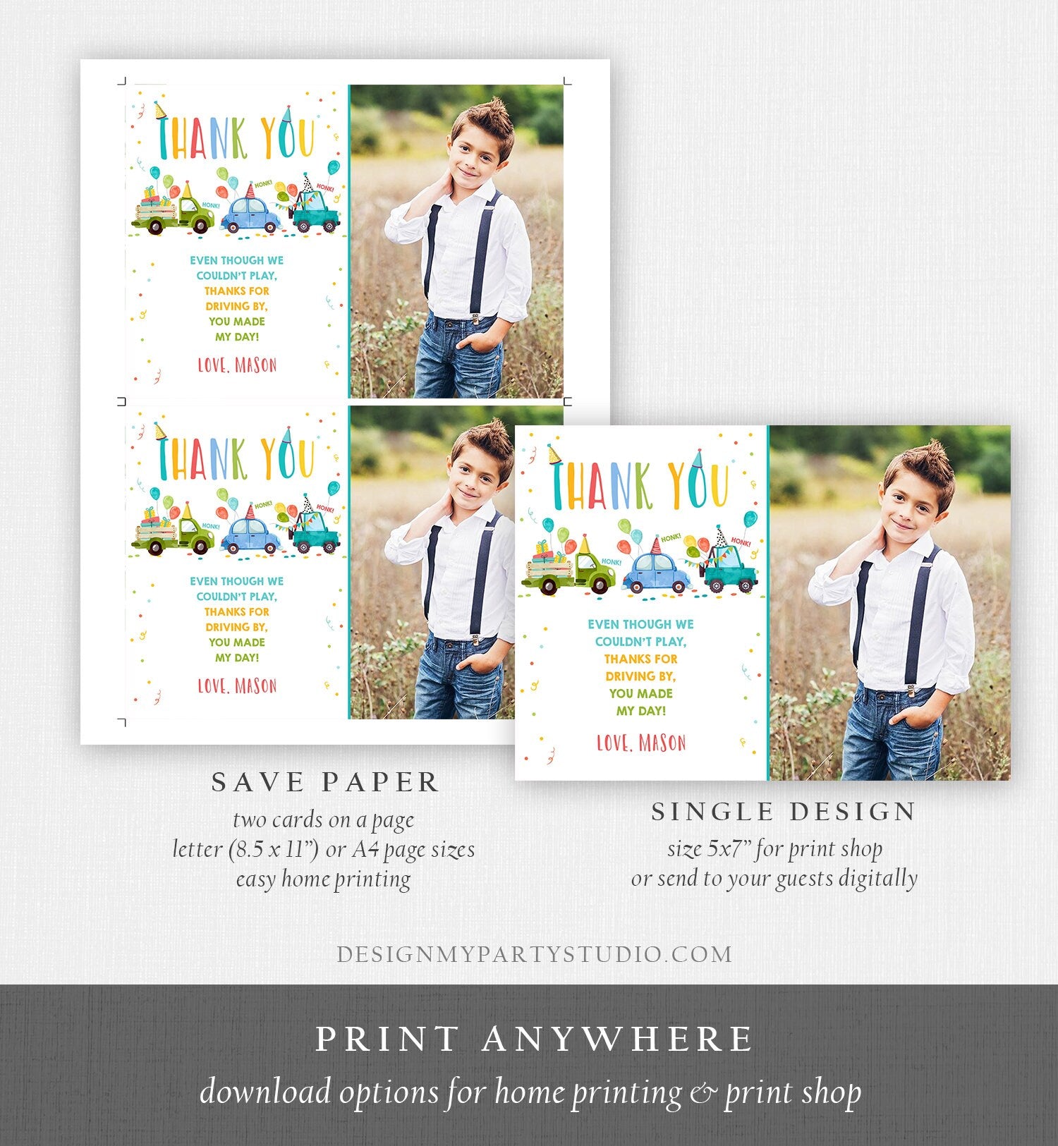 Editable Drive By Birthday Parade Thank You Card Virtual Party Invite Honk Wave Car Boy Blue Quarantine Instant Download Digital Corjl 0333