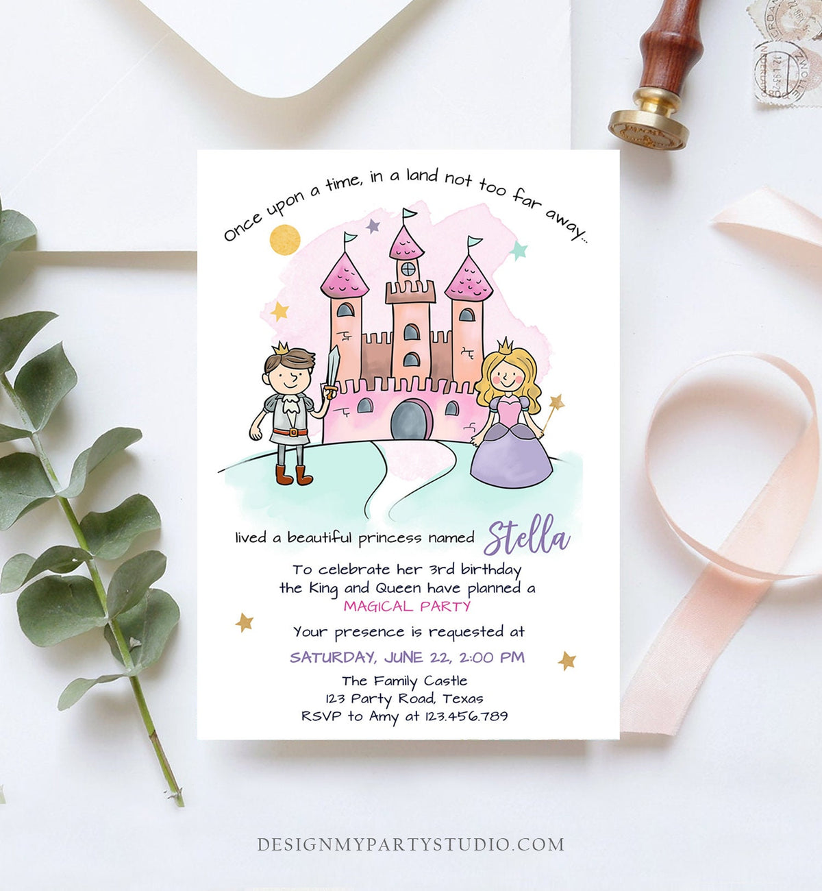 Editable Princess Birthday Invitation Girl Fairytale Birthday Party Once Upon a Time Royal Download Printable Template Digital Corjl 0385