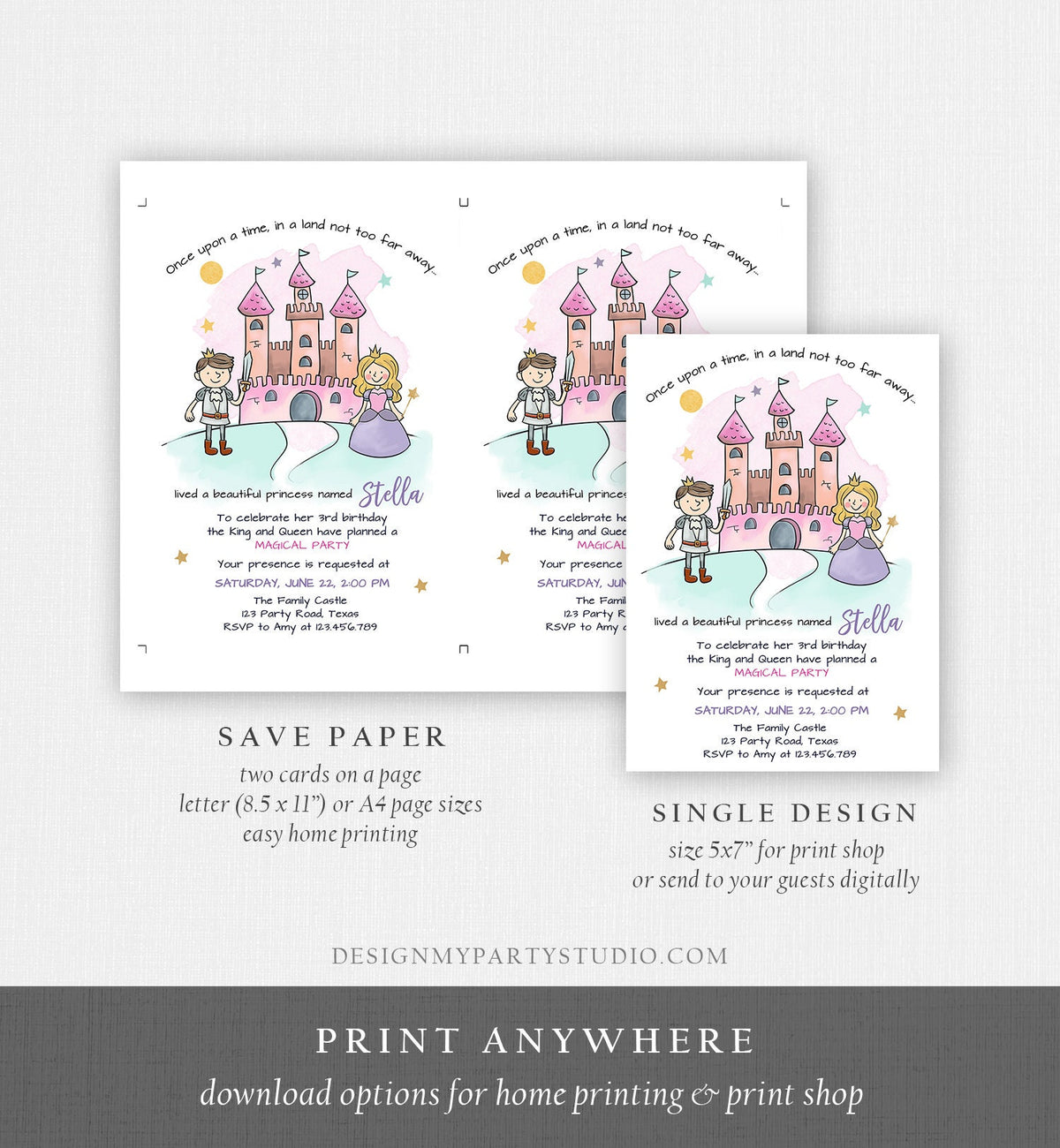 Editable Princess Birthday Invitation Girl Fairytale Birthday Party Once Upon a Time Royal Download Printable Template Digital Corjl 0385