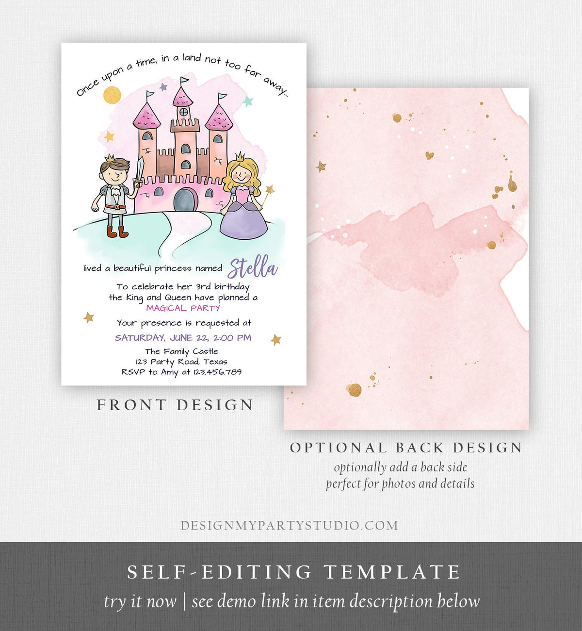 Editable Princess Birthday Invitation Girl Fairytale Birthday Party Once Upon a Time Royal Download Printable Template Digital Corjl 0385