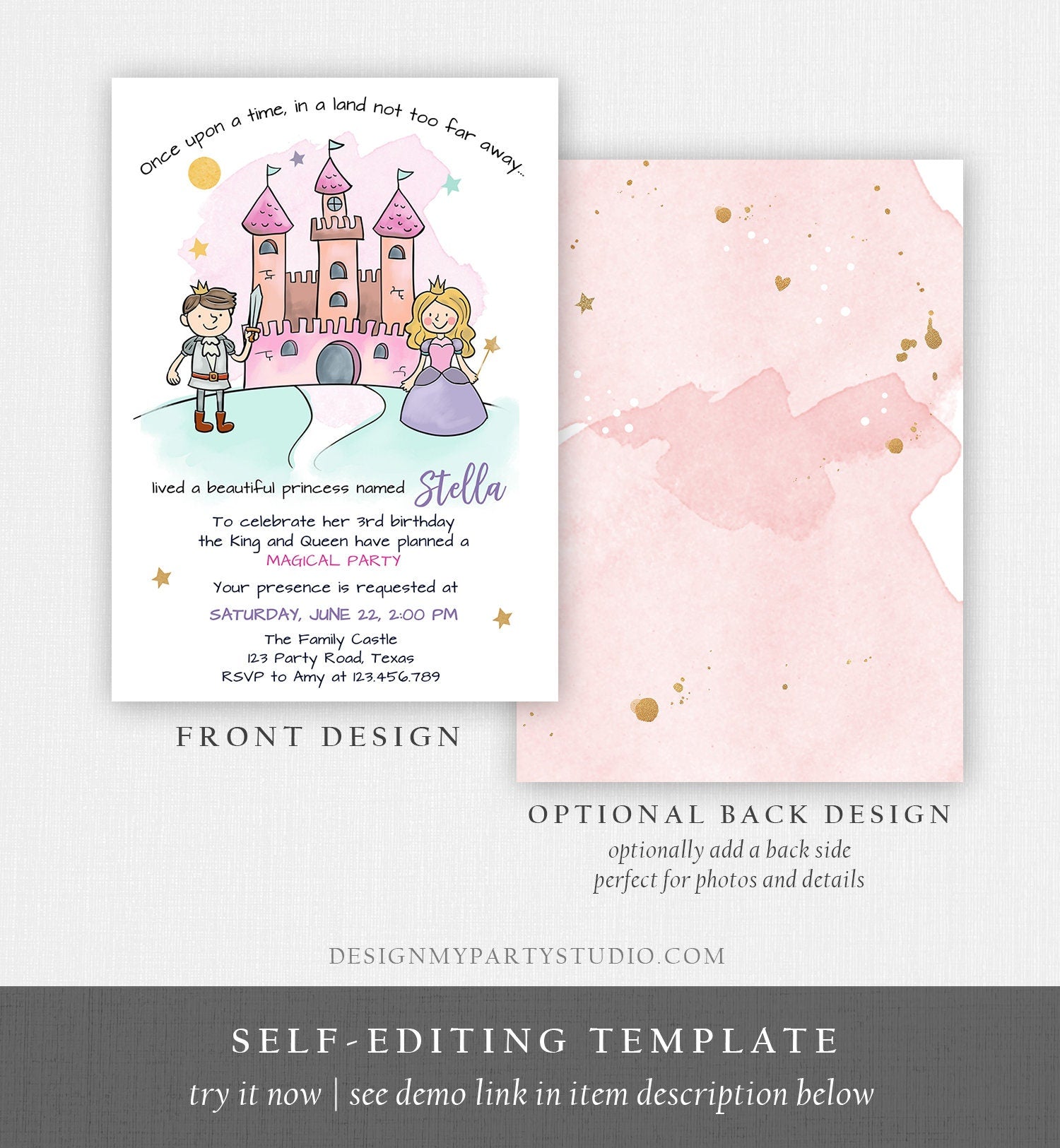 Editable Princess Birthday Invitation Girl Fairytale Birthday Party Once Upon a Time Royal Download Printable Template Digital Corjl 0385