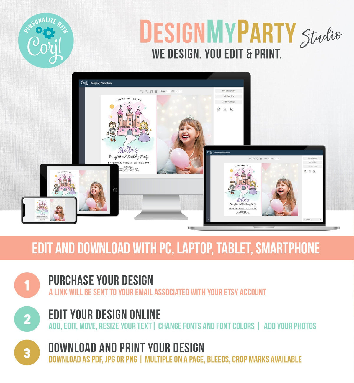 Editable Princess Birthday Invitation Girl Fairytale Birthday Party Knights Prince Castle Download Printable Template Digital Corjl 0385