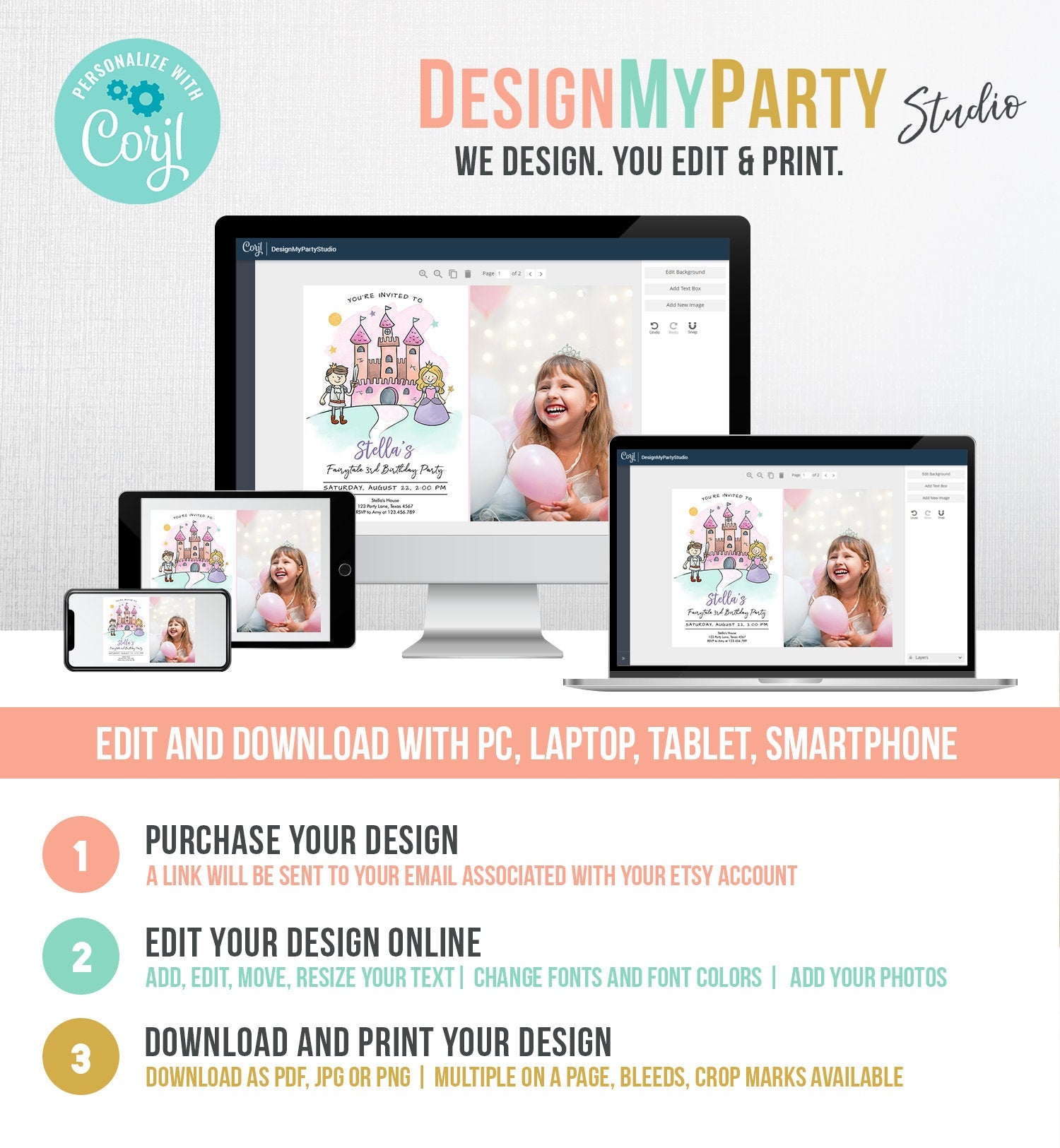 Editable Princess Birthday Invitation Girl Fairytale Birthday Party Knights Prince Castle Download Printable Template Digital Corjl 0385