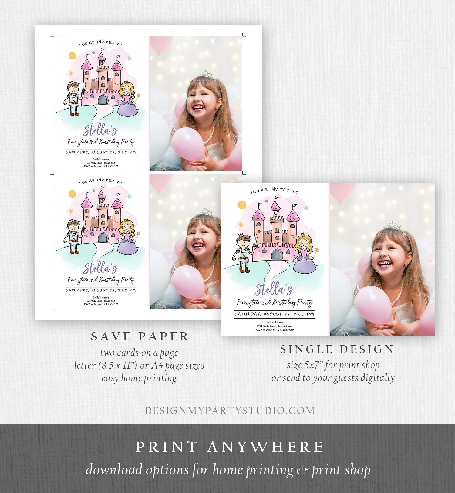 Editable Princess Birthday Invitation Girl Fairytale Birthday Party Knights Prince Castle Download Printable Template Digital Corjl 0385