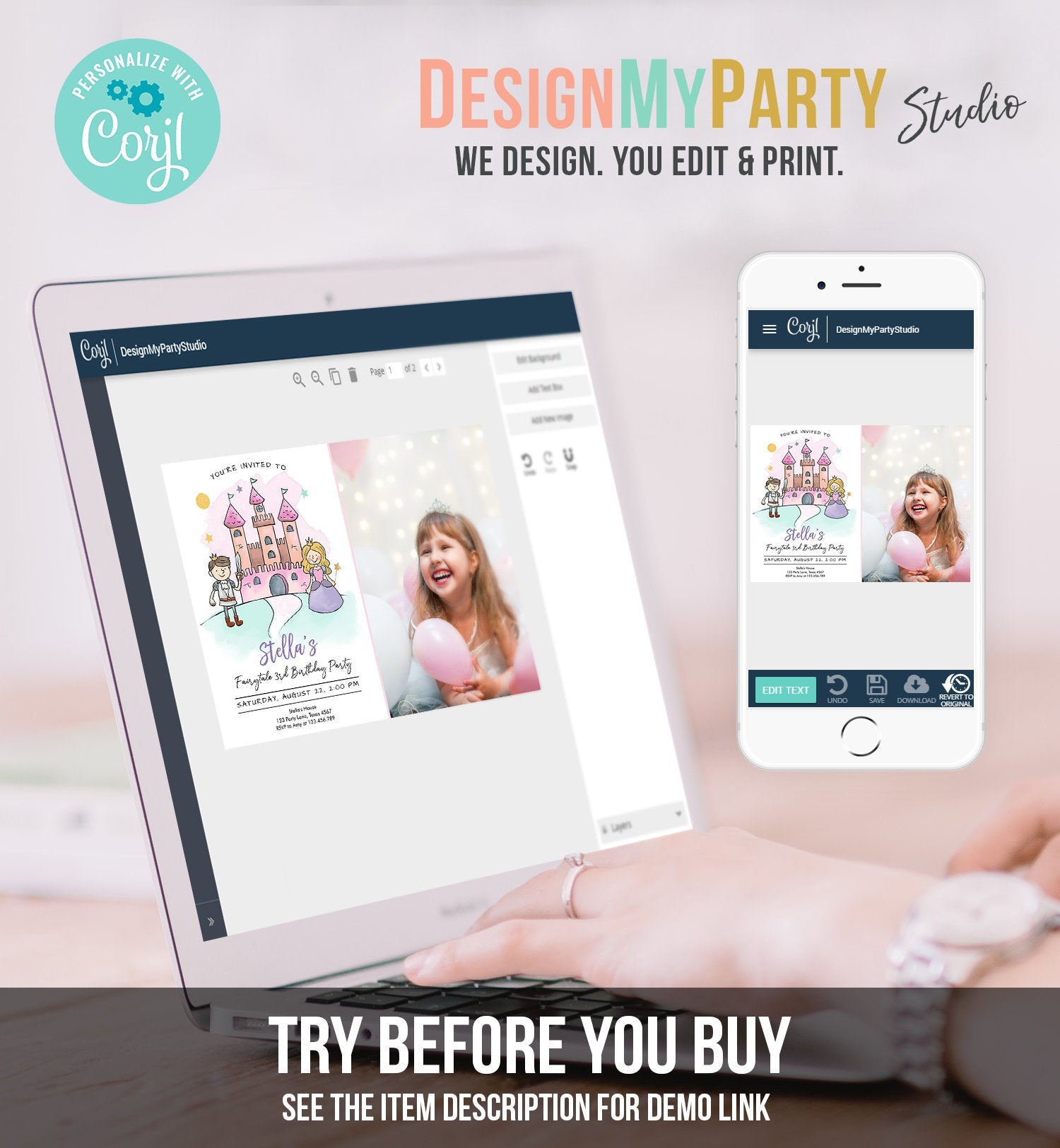 Editable Princess Birthday Invitation Girl Fairytale Birthday Party Knights Prince Castle Download Printable Template Digital Corjl 0385