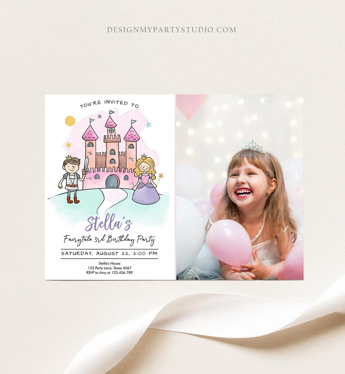 Editable Princess Birthday Invitation Girl Fairytale Birthday Party Knights Prince Castle Download Printable Template Digital Corjl 0385