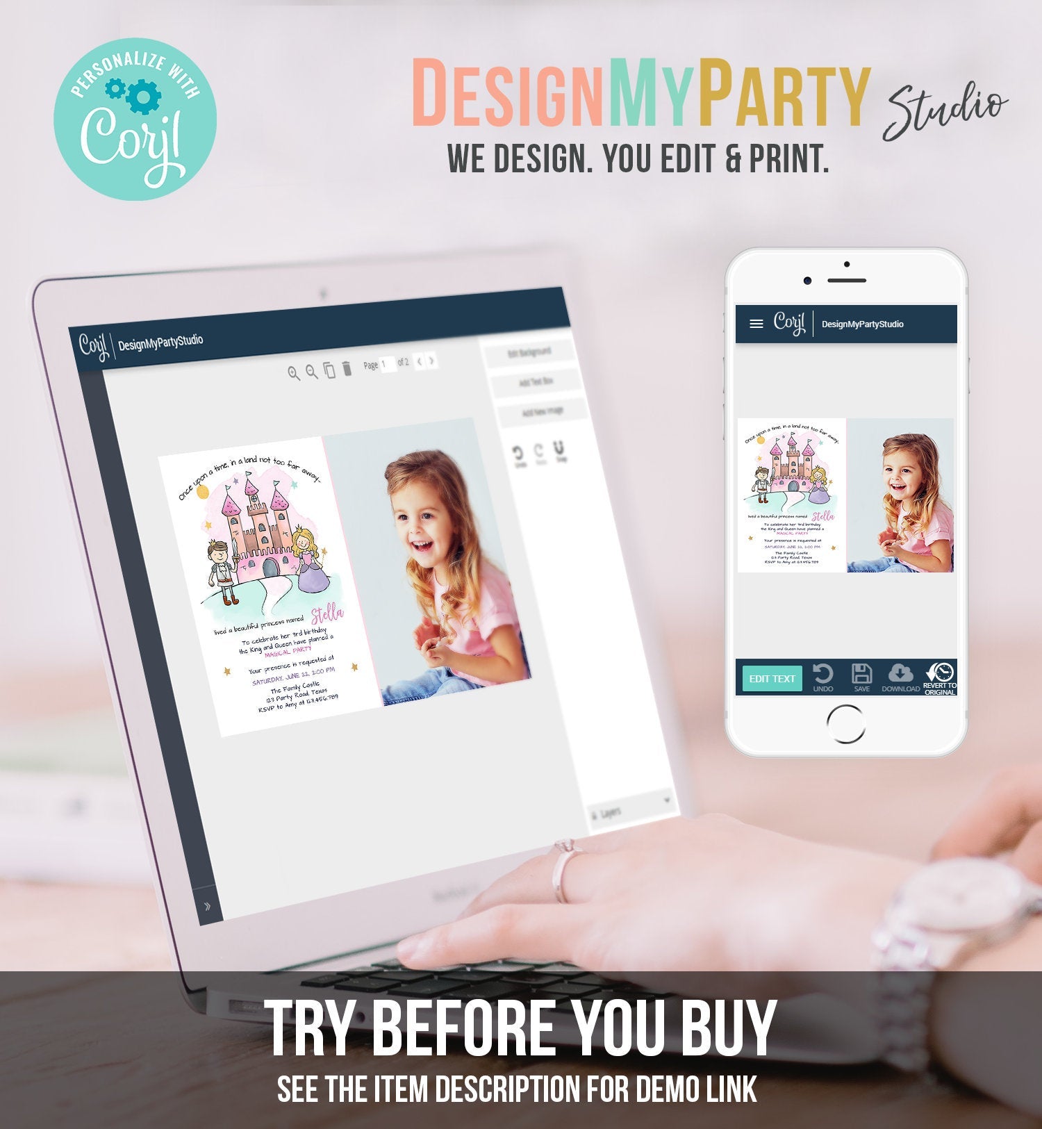 Editable Princess Birthday Invitation Girl Fairytale Birthday Party Once Upon a Time Royal Download Printable Template Digital Corjl 0385