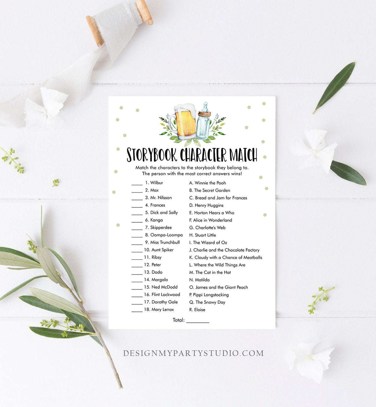 Editable Storybook Character Match Baby Shower Game Greenery Baby is Brewing Activity Neutral Beer Bottle Corjl Template Printable 0190