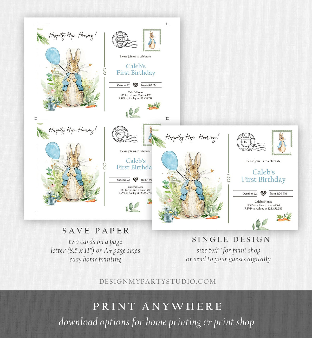 Editable Peter Rabbit Birthday Invitation Boy Blue Rustic Peter Rabbit 1st Birthday Invite Postcard Digital Corjl Template Printable 0351